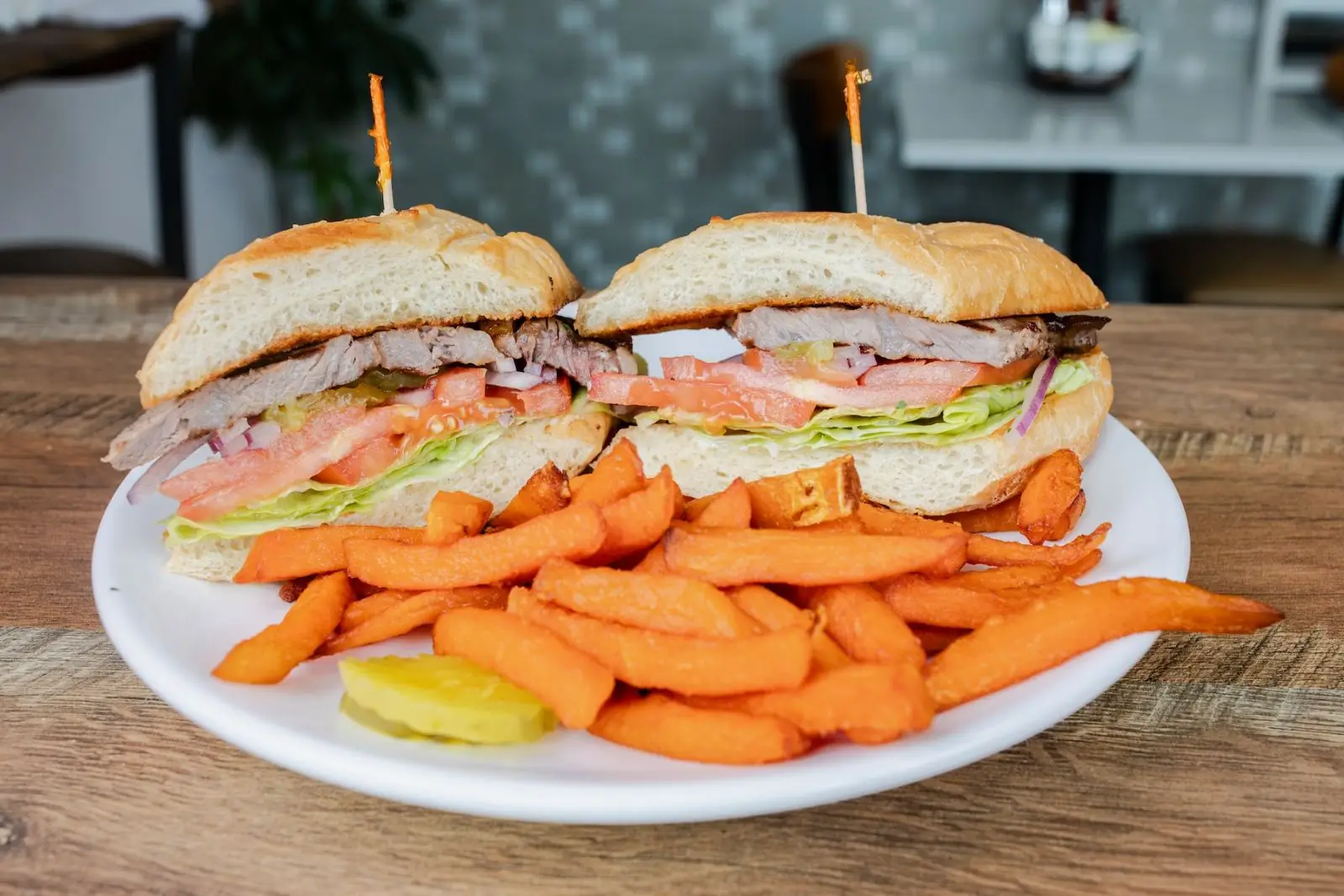 Steak sandwich with sweet potato fries